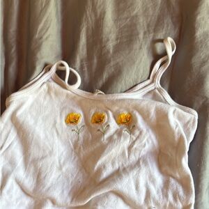Brandy Melville White Spaghetti Strap Tank with Yellow Floral Embroidery